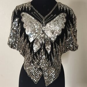 Black Sequin Butterfly Embellished Women's Top